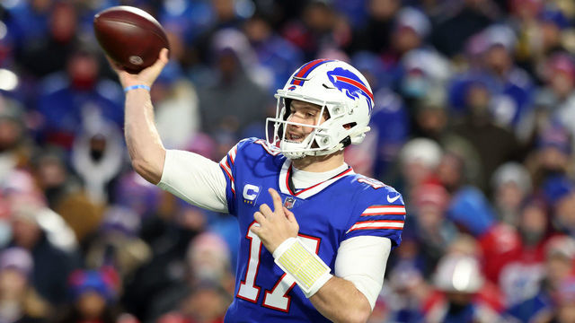 ORCHARD PARK, NEW YORK - JANUARY 09: Josh Allen #17 of the Buffalo Bills throws a pass against the New York Jets during the first half at Highmark Stadium on January 09, 2022 in Orchard Park, New York.
