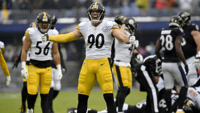 BALTIMORE, MD - JANUARY 09: Pittsburgh linebacker T.J. Watt (90) celebrates after a first quarter strip and forced fumble for a turnover during the Pittsburgh Steelers versus Baltimore Ravens National Football League game at M&T Bank Stadium on January 9, 2022 in Baltimore, MD.