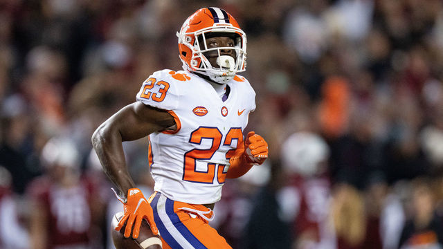 COLUMBIA, SOUTH CAROLINA - NOVEMBER 27: Cornerback Andrew Booth Jr. #23 of the Clemson Tigers reacts after making an interception against the South Carolina Gamecocks during their game at Williams-Brice Stadium on November 27, 2021 in Columbia, South Carolina.