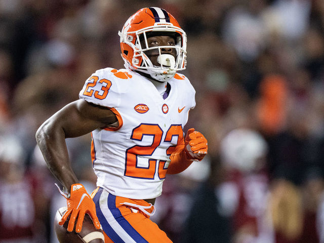 COLUMBIA, SOUTH CAROLINA - NOVEMBER 27: Cornerback Andrew Booth Jr. #23 of the Clemson Tigers reacts after making an interception against the South Carolina Gamecocks during their game at Williams-Brice Stadium on November 27, 2021 in Columbia, South Carolina.