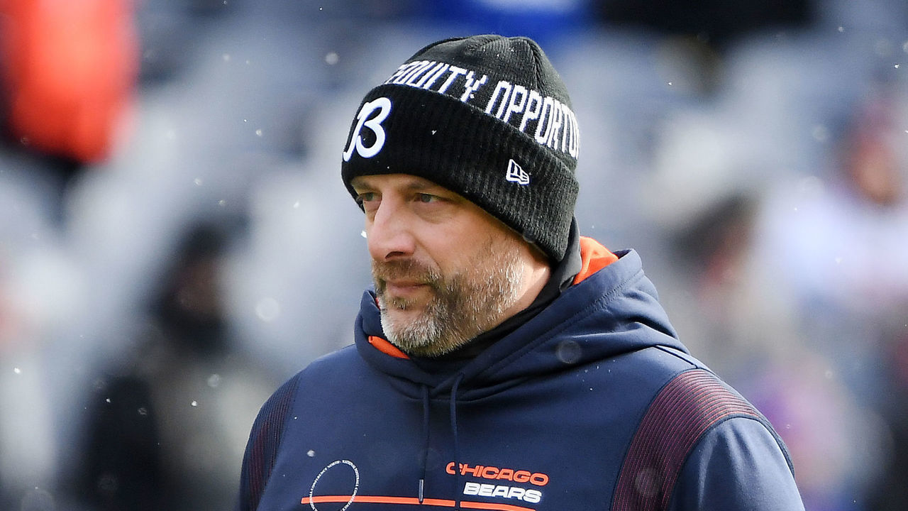 CHICAGO, ILLINOIS - JANUARY 02: Head Coach Matt Nagy of the Chicago Bears looks on before the game against the New York Giants at Soldier Field on January 02, 2022 in Chicago, Illinois.