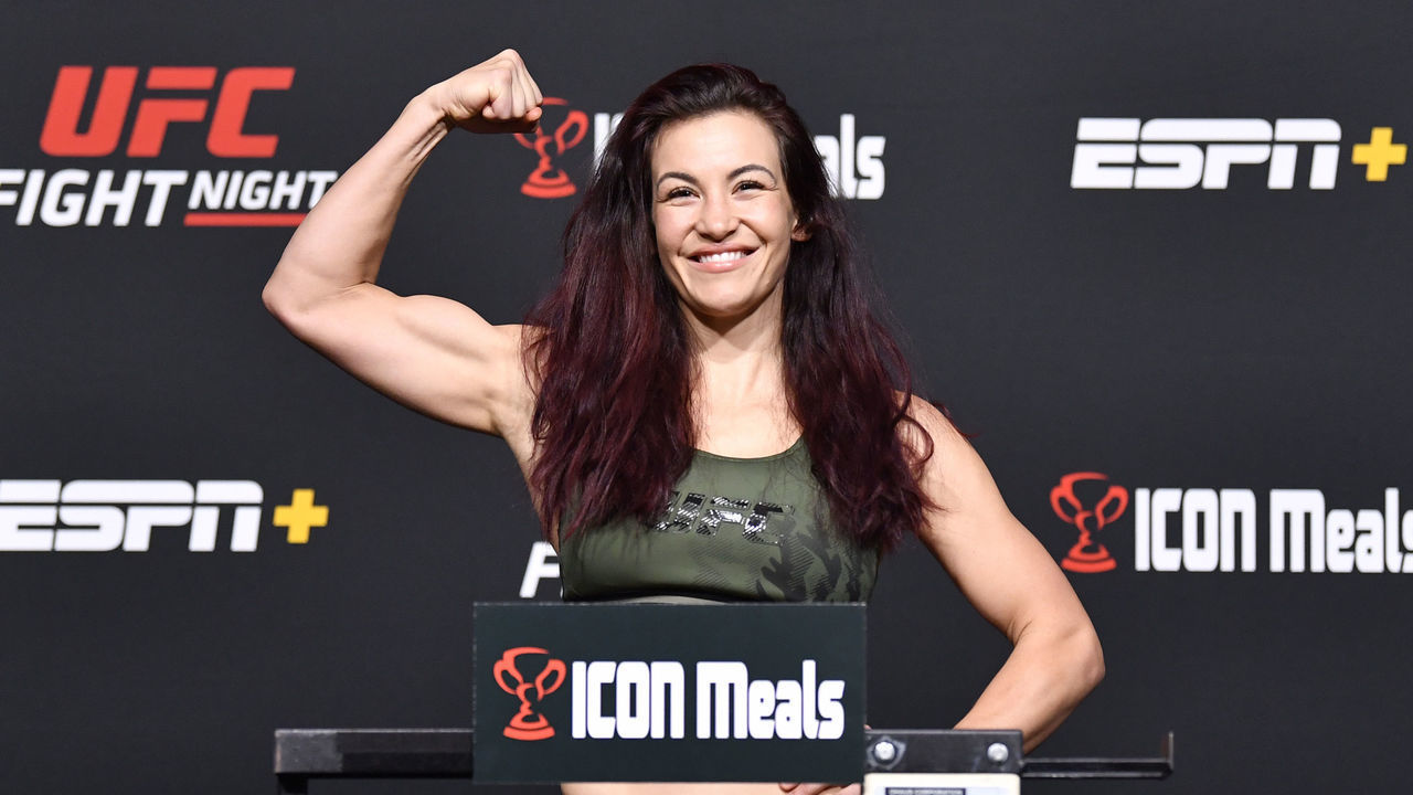 LAS VEGAS, NEVADA - NOVEMBER 19: Miesha Tate poses on the scale during the UFC Fight Night weigh-in at UFC APEX on November 19, 2021 in Las Vegas, Nevada.