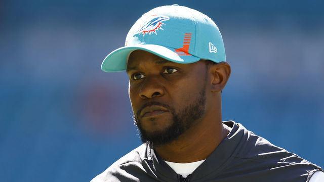 MIAMI GARDENS, FLORIDA - NOVEMBER 07: Head coach Brian Flores of the Miami Dolphins looks on against the Houston Texans at Hard Rock Stadium on November 07, 2021 in Miami Gardens, Florida.