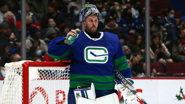 VANCOUVER, BC - DECEMBER 14: Vancouver Canucks Goalie Jaroslav Halak (41) in net against the Columbus Blue Jackets during their NHL game at Rogers Arena on December 14, 2021 in Vancouver, British Columbia, Canada.