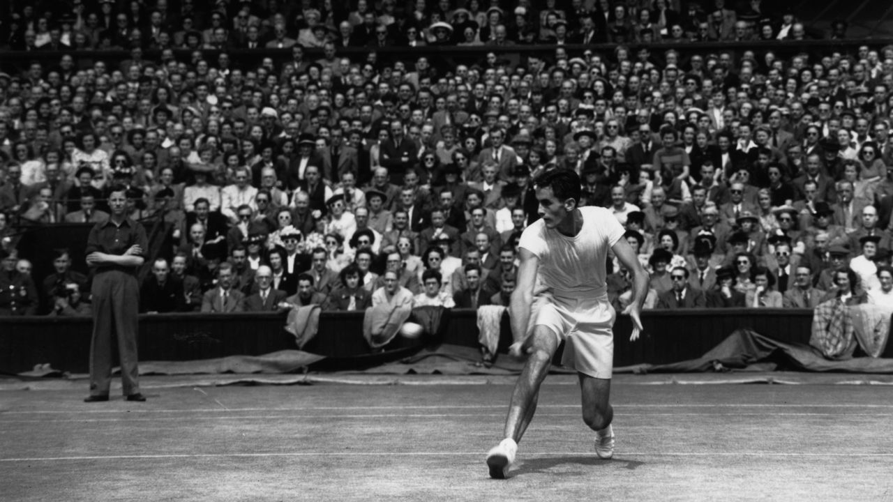2nd July 1948: Bob Falkenburg of the USA playing John Bromwich of Australia in the men's singles final on centre court at the Wimbledon Lawn Tennis Championships.
