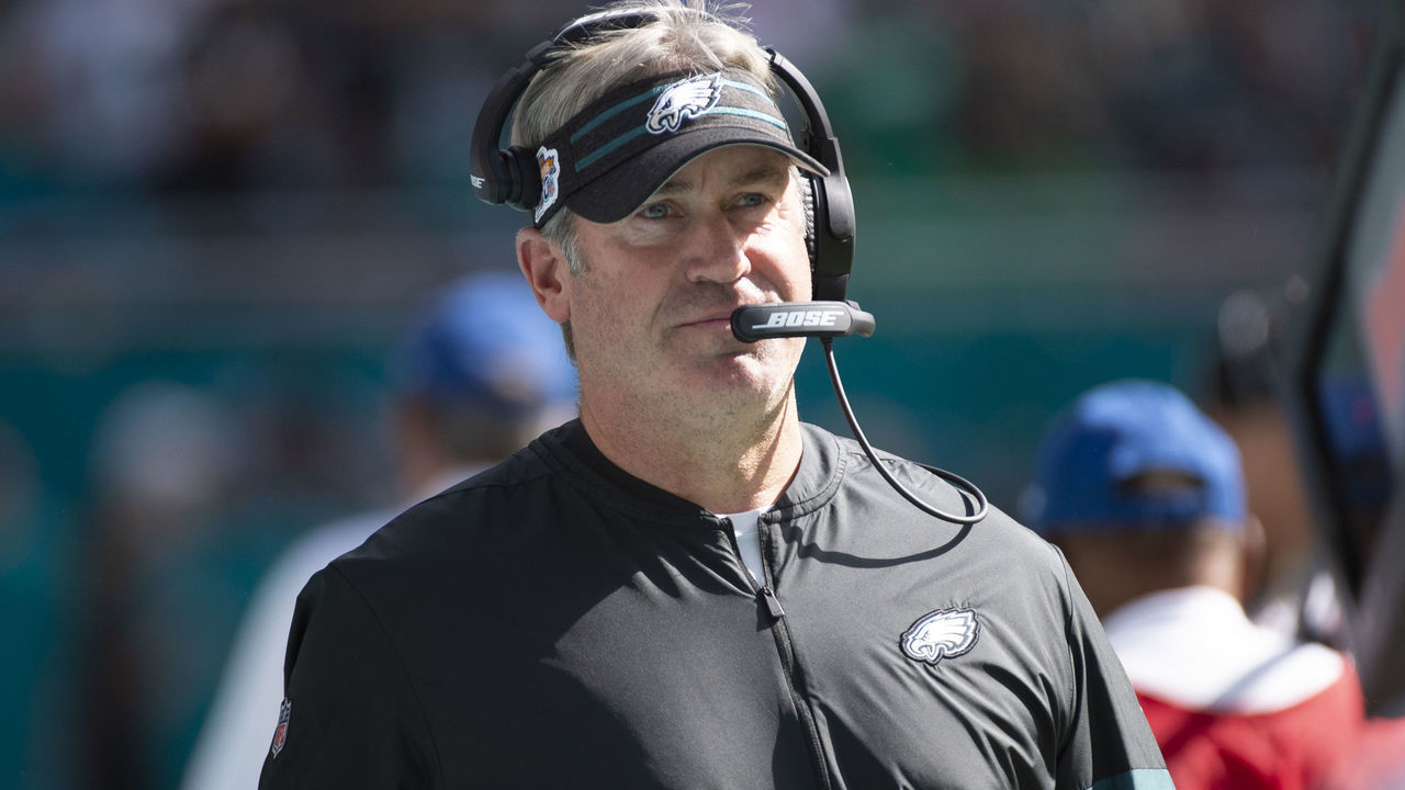 MIAMI GARDENS, FL - DECEMBER 01: Philadelphia?Eagles head coach Doug Pederson on the sidelines during the NFL game between the Philadelphia Eagles and the Miami Dolphins at the Hard Rock Stadium in Miami Gardens, Florida on December 1, 2019.