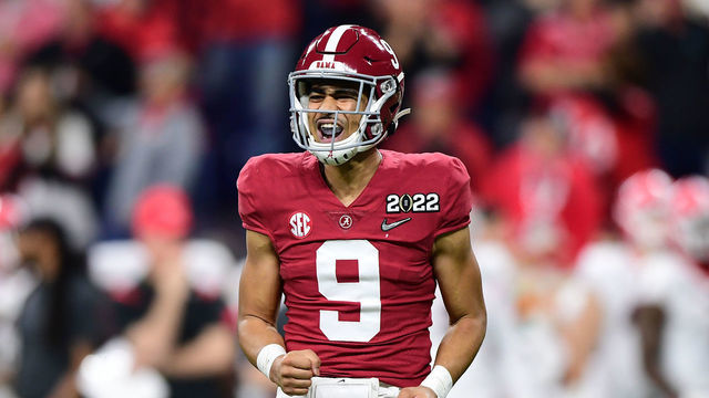 INDIANAPOLIS, INDIANA - JANUARY 10: Bryce Young #9 of the Alabama Crimson Tide reacts in the second quarter of the game against the Georgia Bulldogs during the 2022 CFP National Championship Game at Lucas Oil Stadium on January 10, 2022 in Indianapolis, Indiana.