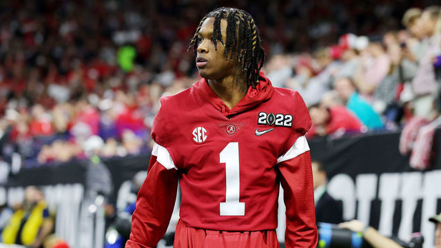 INDIANAPOLIS, INDIANA - JANUARY 10: Jameson Williams #1 of the Alabama Crimson Tide looks on from the sidelines during the third quarter against the Georgia Bulldogs during the 2022 CFP National Championship Game at Lucas Oil Stadium on January 10, 2022 in Indianapolis, Indiana.