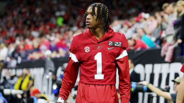 INDIANAPOLIS, INDIANA - JANUARY 10: Jameson Williams #1 of the Alabama Crimson Tide looks on from the sidelines during the third quarter against the Georgia Bulldogs during the 2022 CFP National Championship Game at Lucas Oil Stadium on January 10, 2022 in Indianapolis, Indiana.