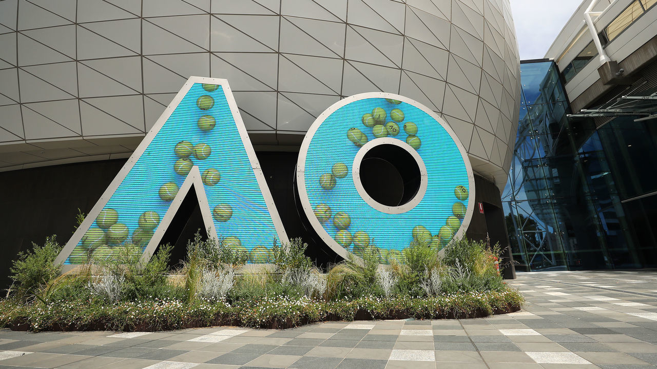 MELBOURNE, AUSTRALIA - JANUARY 11: A general view of Australian Open signage during a practice session ahead of the 2022 Australian Open at Melbourne Park on January 11, 2022 in Melbourne, Australia.