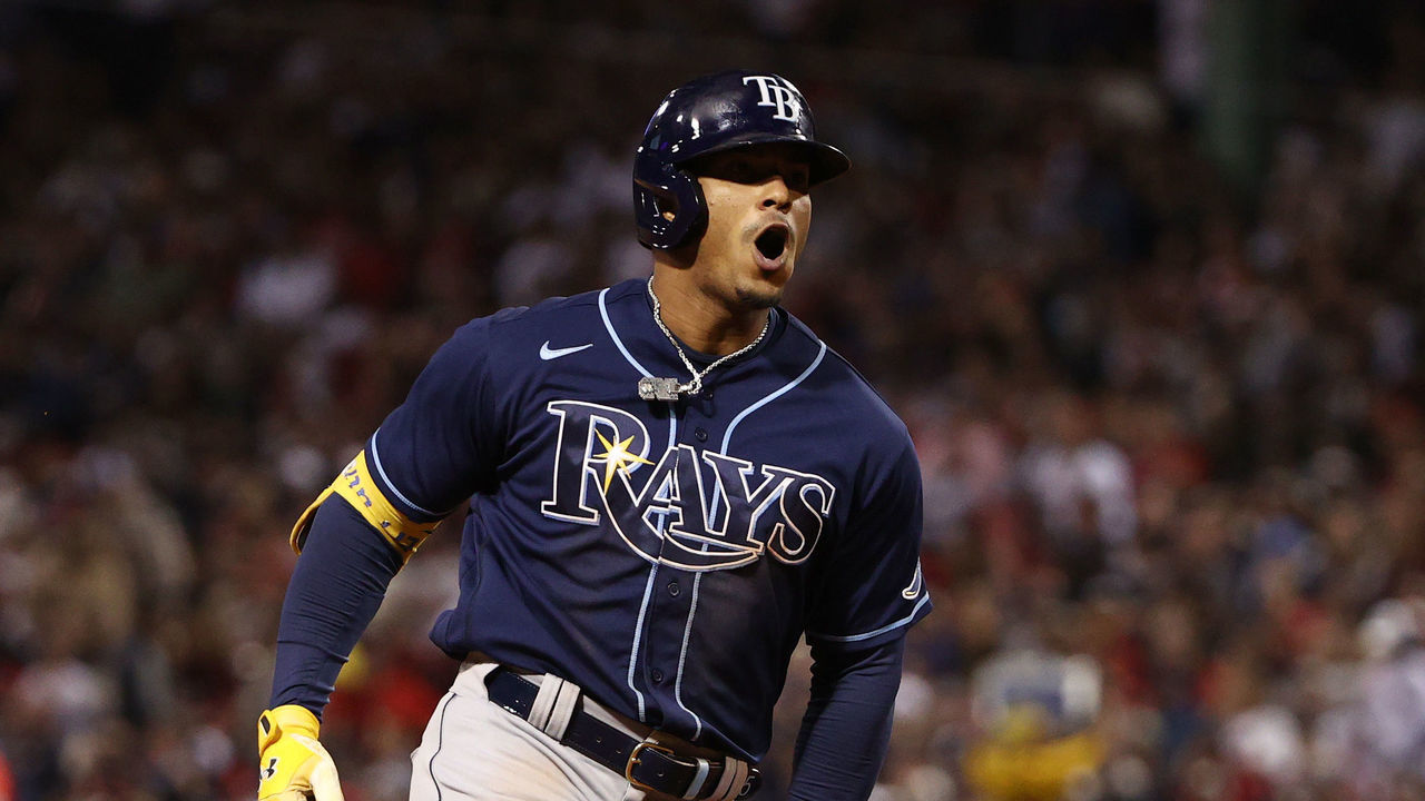 BOSTON, MASSACHUSETTS - OCTOBER 10: Wander Franco #5 of the Tampa Bay Rays celebrates his solo homerun in the eighth inning against the Boston Red Sox during Game 3 of the American League Division Series at Fenway Park on October 10, 2021 in Boston, Massachusetts.
