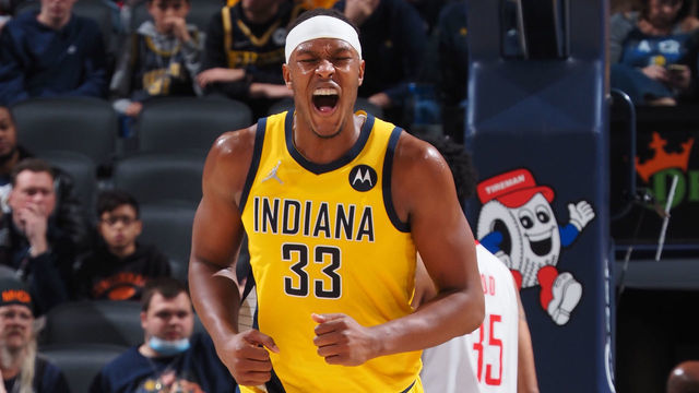 INDIANAPOLIS, IN - DECEMBER 23: Myles Turner #33 of the Indiana Pacers celebrates during the game against the Houston Rockets on December 23, 2021 at Gainbridge Fieldhouse in Indianapolis, Indiana. Mandatory Copyright Notice: Copyright 2021 NBAE