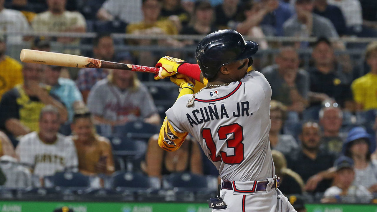 PITTSBURGH, PA - JULY 06: Ronald Acuna Jr. #13 of the Atlanta Braves in action against the Pittsburgh Pirates during the game at PNC Park on July 6, 2021 in Pittsburgh, Pennsylvania.