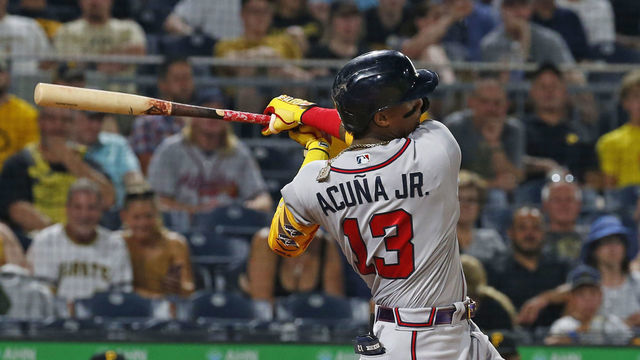 PITTSBURGH, PA - JULY 06: Ronald Acuna Jr. #13 of the Atlanta Braves in action against the Pittsburgh Pirates during the game at PNC Park on July 6, 2021 in Pittsburgh, Pennsylvania.