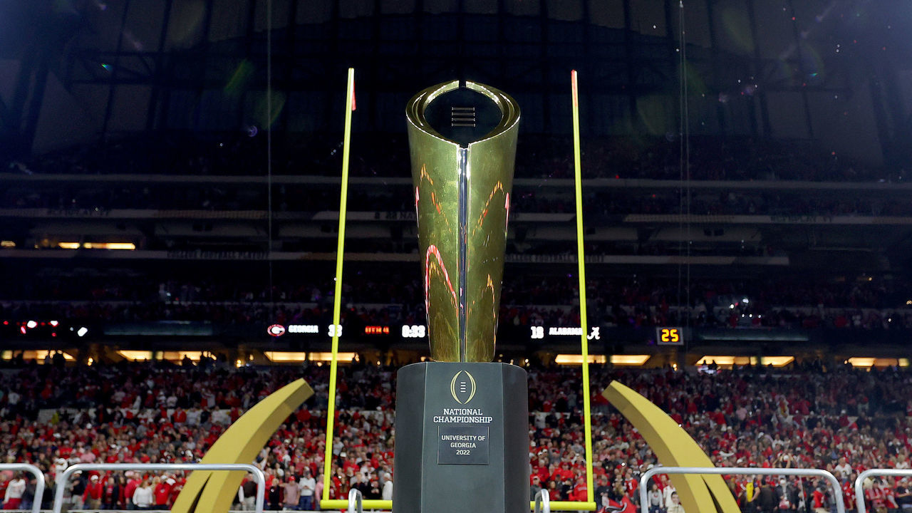 INDIANAPOLIS, INDIANA - JANUARY 10: The National Championship trophy is displayed after the Georgia Bulldogs defeated the Alabama Crimson Tide 33-18 in the 2022 CFP National Championship Game at Lucas Oil Stadium on January 10, 2022 in Indianapolis, Indiana.