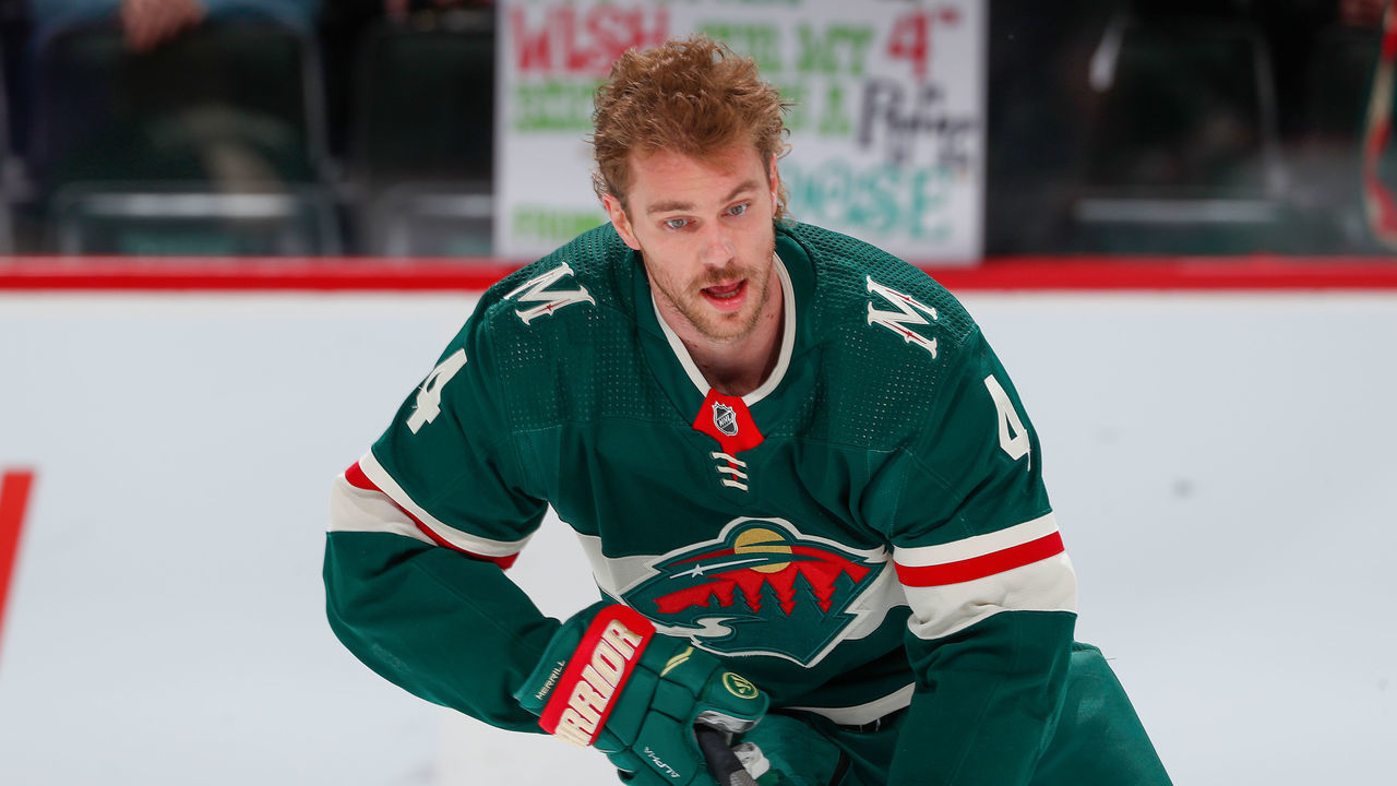 SAINT PAUL, MN - NOVEMBER 18: Jon Merrill #4 of the Minnesota Wild warms up prior to the game against the Dallas Stars at the Xcel Energy Center on November 18, 2021 in Saint Paul, Minnesota.