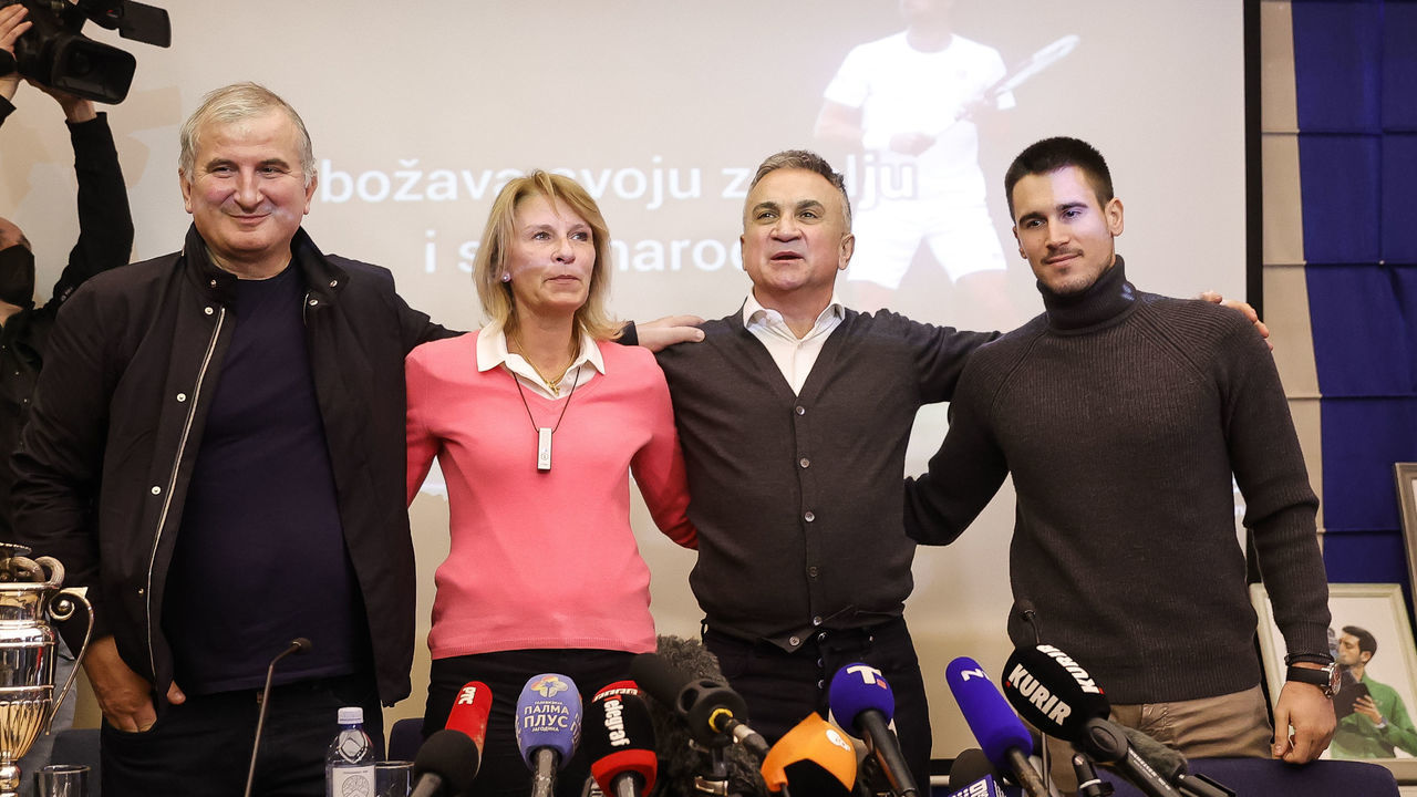 BELGRADE, SERBIA - JANUARY 10: (L-R) Goran Djokovic uncle Dijana Djokovic mother Srdjan Djokovic father and Djordje Djokovic brother of Serbian tennis player hold a press conference on January 10, 2022 in Belgrade, Serbia. Novak Djokovic was to be released from an immigration detention center in Melbourne after an order by the Federal Circuit Court. The tennis world number one had been staying in a hotel-turned-detention center after his visa was revoked upon landing in Australia