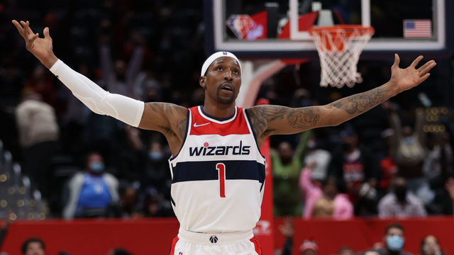 WASHINGTON, DC - JANUARY 11: Kentavious Caldwell-Pope #1 of the Washington Wizards celebrates after shooting a three-pointer against the Oklahoma City Thunder during the fourth quarter at Capital One Arena on January 11, 2022 in Washington, DC.