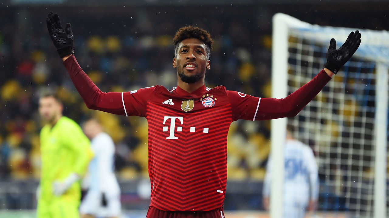 KYIV, UKRAINE - NOVEMBER 23: Kingsley Coman of FC Bayern Muenchen celebrates after scoring their side's second goal during the UEFA Champions League group E match between Dinamo Kiev and Bayern München at Olimpiysky on November 23, 2021 in Kyiv, Ukraine.
