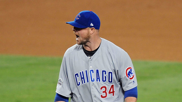 LOS ANGELES - OCTOBER 20: Chicago Cubs pitcher Jon Lester (34) reacts after getting the last out of the third inning of game five of the National League Championship Series against the Los Angeles Dodgers played on October 20, 2016, at Dodger Stadium in Los Angeles, CA.