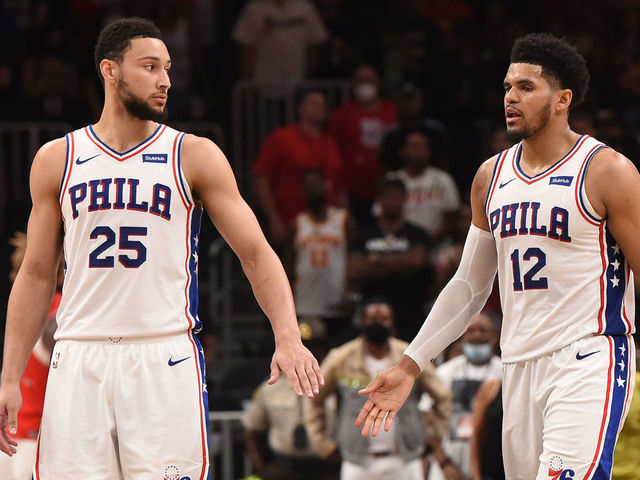 ATLANTA, GA - JUNE 18: Ben Simmons #25 of the Philadelphia 76ers and Tobias Harris #12 of the Philadelphia 76ers high-five during a game against the Atlanta Hawks during Round 2, Game 6 of the Eastern Conference Playoffs on June 18, 2021 at State Farm Arena in Atlanta, Georgia. NOTE TO USER: User expressly acknowledges and agrees that, by downloading and/or using this Photograph, user is consenting to the terms and conditions of the Getty Images License Agreement. Mandatory Copyright Notice: Copyright 2021 NBAE