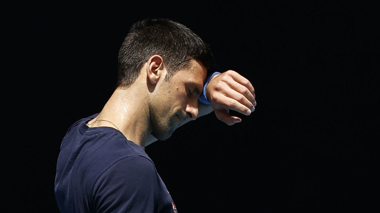 MELBOURNE, AUSTRALIA - JANUARY 12: Novak Djokovic of Serbia is seen during a practice session ahead of the 2022 Australian Open at Melbourne Park on January 12, 2022 in Melbourne, Australia.