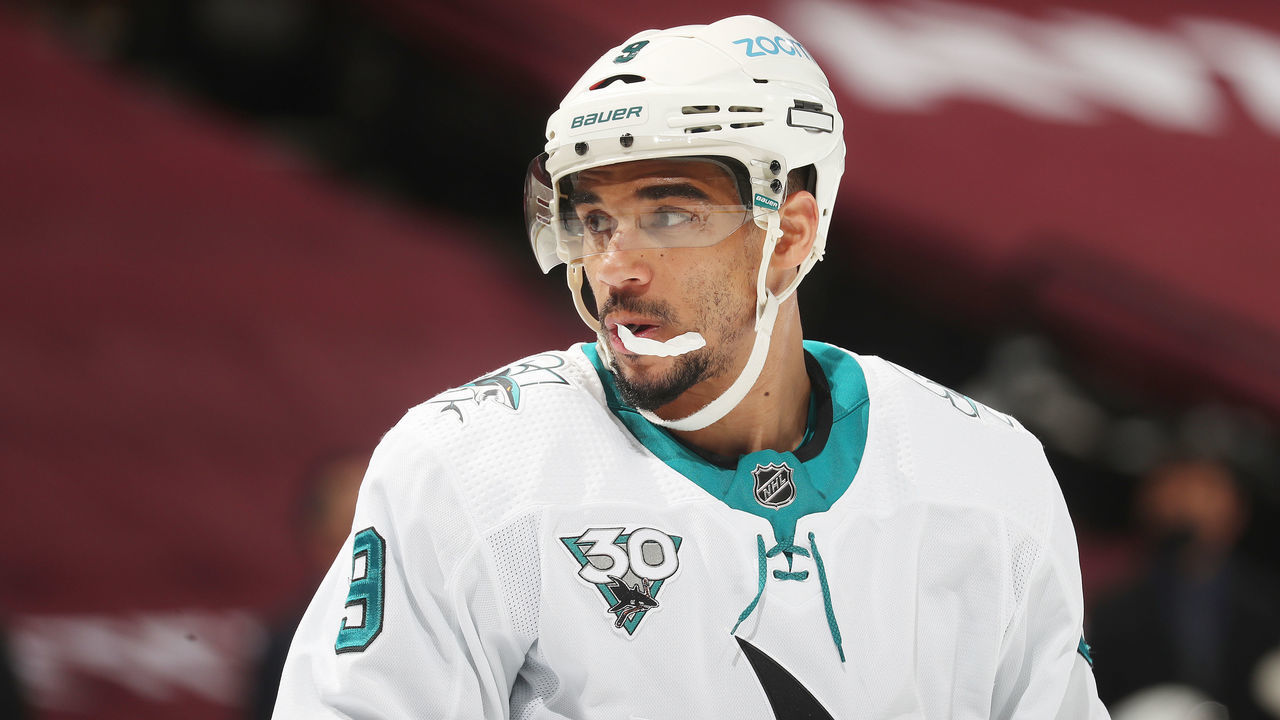 DENVER, COLORADO - MAY 1: Evander Kane #9 of the San Jose Sharks looks on against the Colorado Avalanche at Ball Arena on May 1, 2021 in Denver, Colorado.
