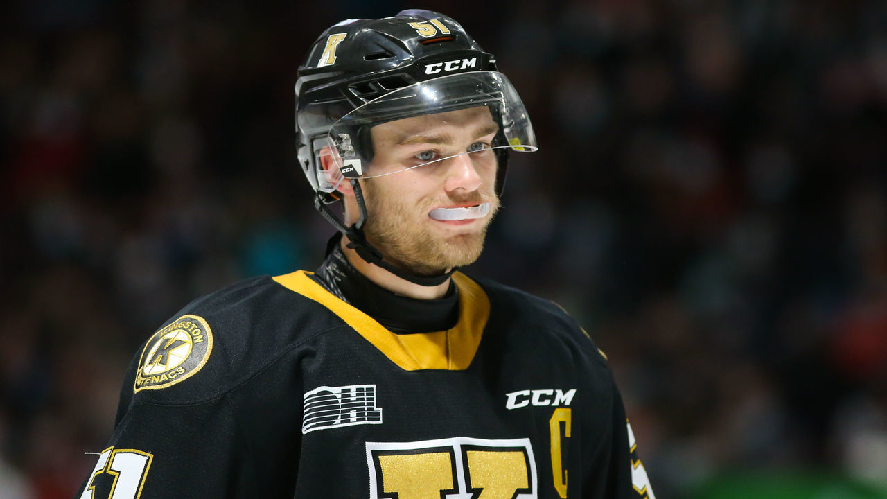 OSHAWA, ONTARIO - NOVEMBER 21: Shane Wright #51 of the Kingston Frontenacs skates against the Oshawa Generals at Tribute Communities Centre on November 21, 2021 in Oshawa, Ontario.