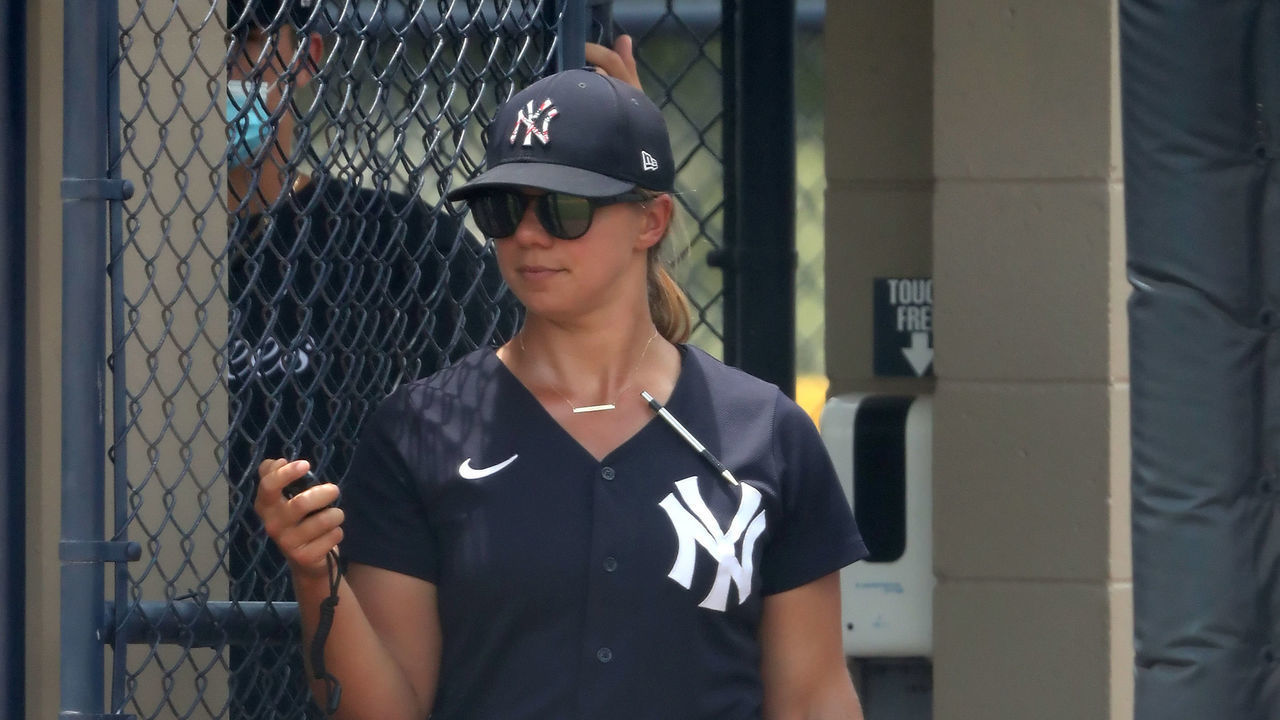 TAMPA, FL - JUNE 29: Yankees Hitting Coach Rachel Balkovec monitors the action on the field during the Florida Complex League (FCL) game between the FCL Blue Jays and the FCL Yankees on June 29, 2021 at the Yankees Minor League Complex, FL.