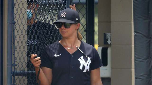 TAMPA, FL - JUNE 29: Yankees Hitting Coach Rachel Balkovec monitors the action on the field during the Florida Complex League (FCL) game between the FCL Blue Jays and the FCL Yankees on June 29, 2021 at the Yankees Minor League Complex, FL.