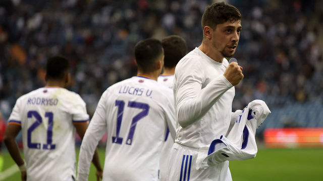 RIYADH, SAUDI ARABIA - JANUARY 12: Federico Valverde of Real Madrid celebrates during the Spanish Super Cup semi-final football match between Barcelona and Real Madrid at the King Fahad International Stadium in Riyadh, Saudi Arabia on January 12, 2022.