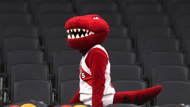 TORONTO, ON - January 11 The Raptors mascot, the Raptor has one lonely job these days. He still gets up to his usual antics but to an empty arena. The Toronto Raptors took on the Phoenix Suns in NBA basketball action at the Scotiabank Arena in Toronto. January 11 2022 (Richard Lautens/Toronto Star via Getty Images)