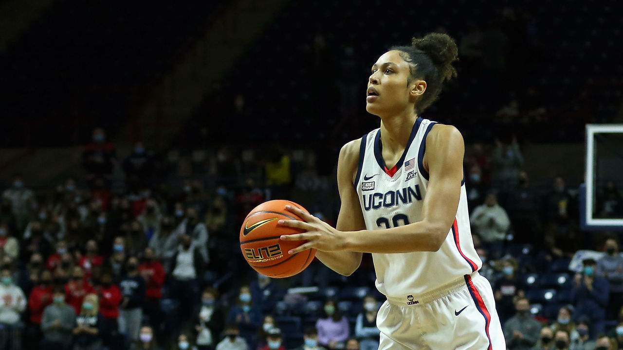 STORRS, CT - JANUARY 09: UConn Huskies forward Olivia Nelson-Ododa (20) prepares to shoot the ball during the college basketball game between Creighton Bluejays and UConn Huskies on January 9, 2022, at Harry A. Gampel Pavilion in Storrs, CT.