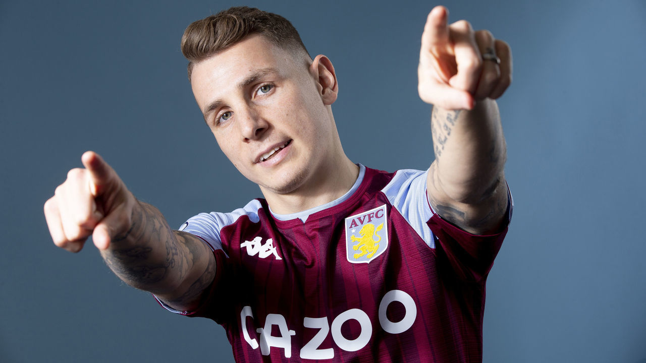 BIRMINGHAM, ENGLAND - JANUARY 13: New signing Lucas Digne of Aston Villa poses for a picture at Bodymoor Heath training ground on January 13, 2022 in Birmingham, England.