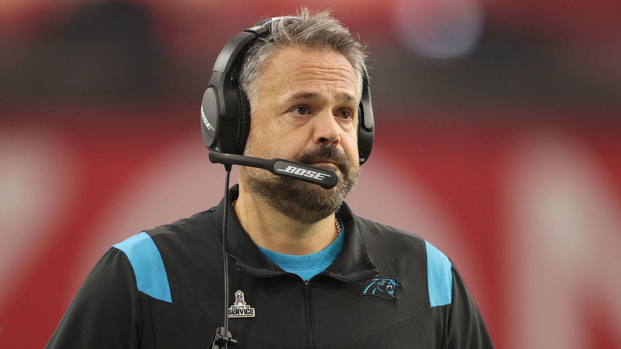 GLENDALE, ARIZONA - NOVEMBER 14: Head coach Matt Rhule of the Carolina Panthers on the sidelines during the NFL game at State Farm Stadium on November 14, 2021 in Glendale, Arizona. The Panthers defeated the Cardinals 34-10.
