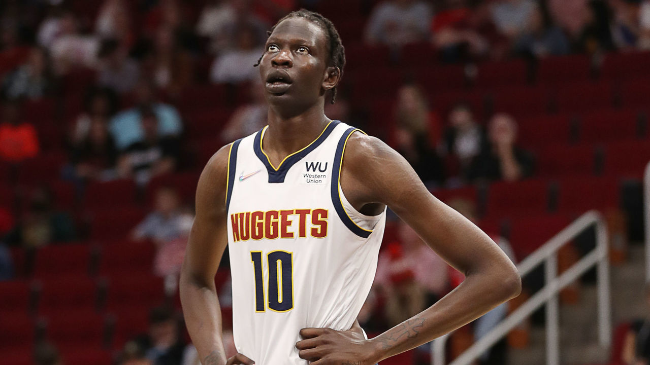 HOUSTON, TEXAS - JANUARY 01: Bol Bol #10 of the Denver Nuggets against the Houston Rockets at Toyota Center on January 01, 2022 in Houston, Texas.