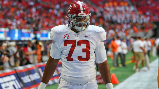 ATLANTA, GA SEPTEMBER 04: Alabama offensive lineman Evan Neal (73) warms up prior to the start of the Chick-fil-A Kick-Off Game between the Miami Hurricanes and the Alabama Crimson Tide on September 4th, 2021 at Mercedes-Benz Stadium in Atlanta, GA.