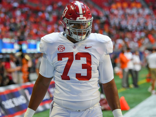 ATLANTA, GA SEPTEMBER 04: Alabama offensive lineman Evan Neal (73) warms up prior to the start of the Chick-fil-A Kick-Off Game between the Miami Hurricanes and the Alabama Crimson Tide on September 4th, 2021 at Mercedes-Benz Stadium in Atlanta, GA.
