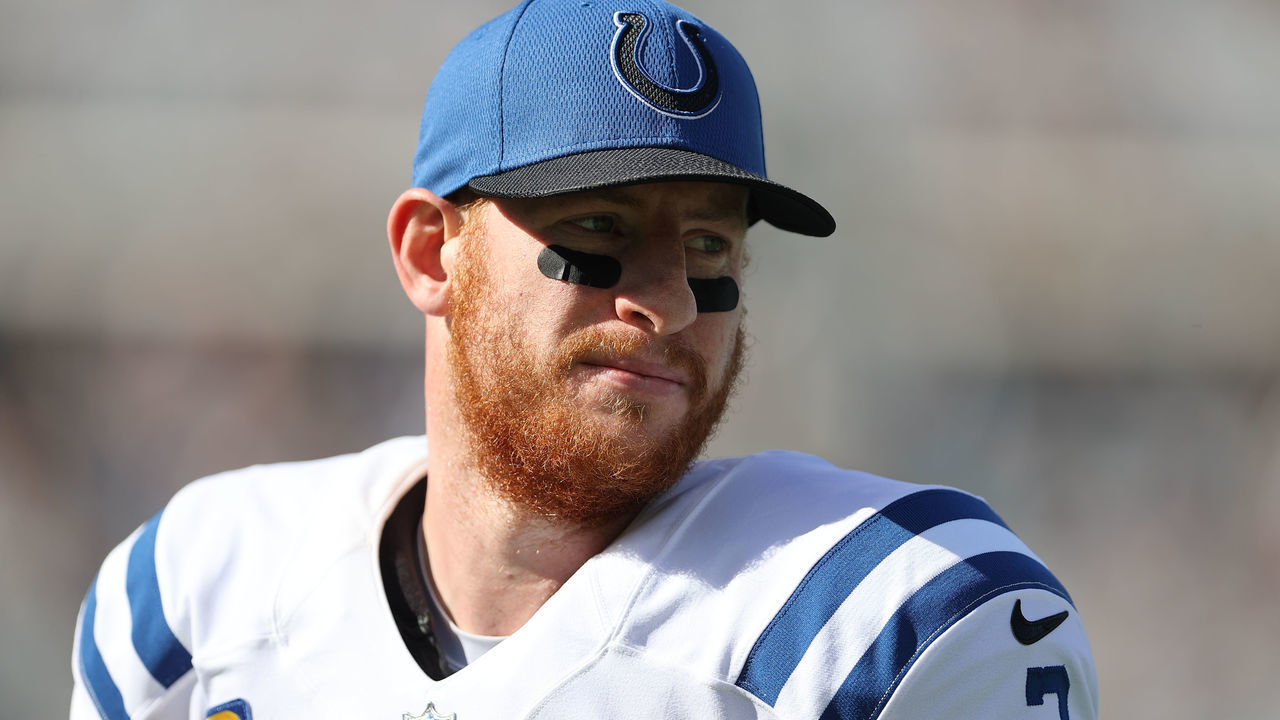 JACKSONVILLE, FL - JANUARY 09: Indianapolis Colts quarterback Carson Wentz (2) headshot before the game between the Indianapolis Colts and the Jacksonville Jaguars on January 9, 2022 at TIAA Bank Field in Jacksonville, FL