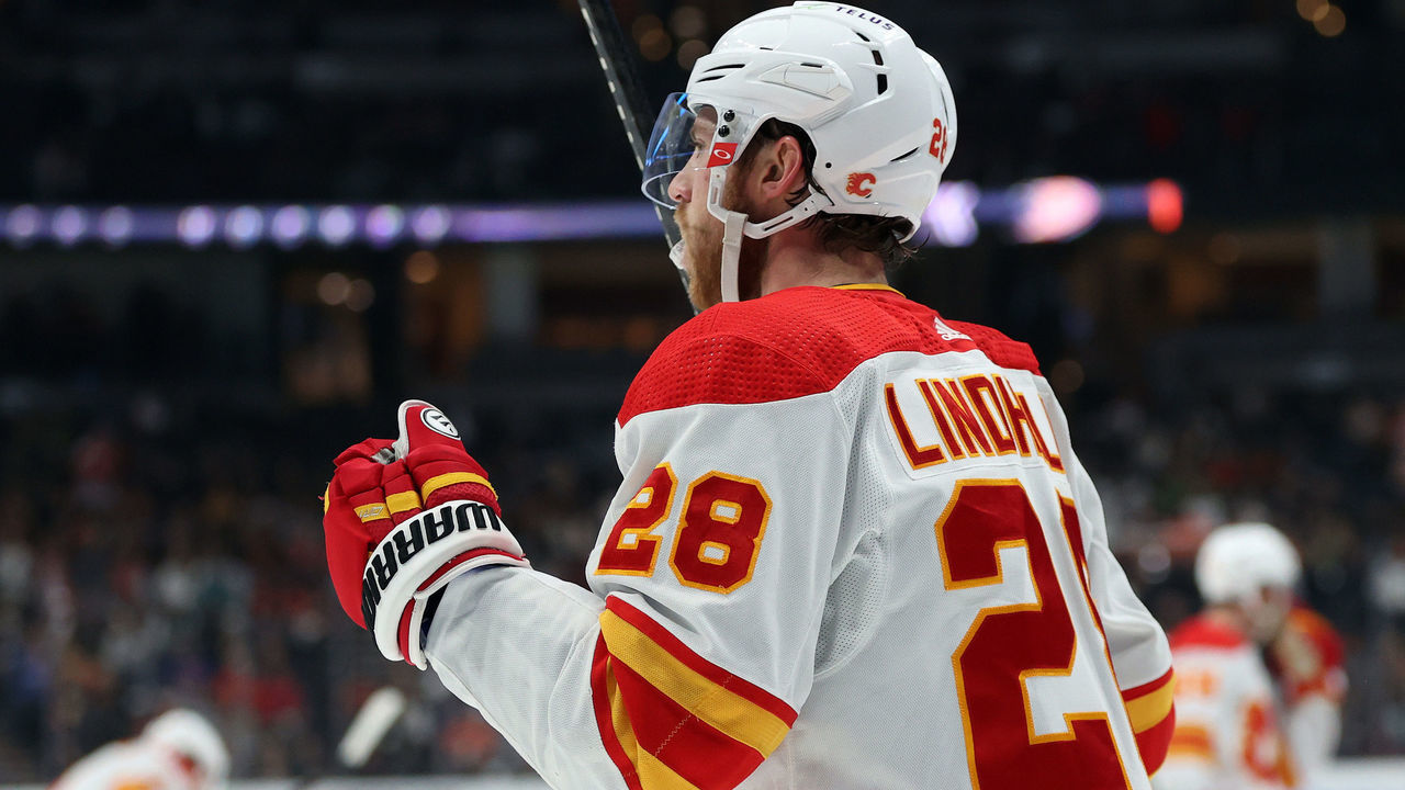 ANAHEIM, CALIFORNIA - DECEMBER 03: Elias Lindholm #28 of the Calgary Flames celebrates a goal against the Anaheim Ducks in the second period at Honda Center on December 03, 2021 in Anaheim, California.