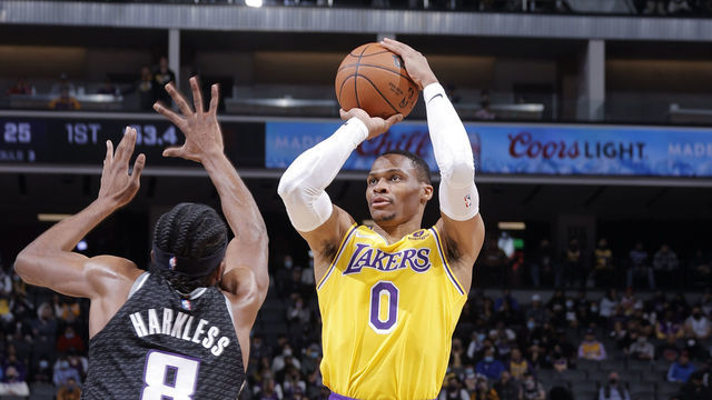 SACRAMENTO, CA - JANUARY 12: Russell Westbrook #0 of the Los Angeles Lakers shoots the ball during the game against the Sacramento Kings on January 12, 2022 at Golden 1 Center in Sacramento, California. Mandatory Copyright Notice: Copyright 2022 NBAE