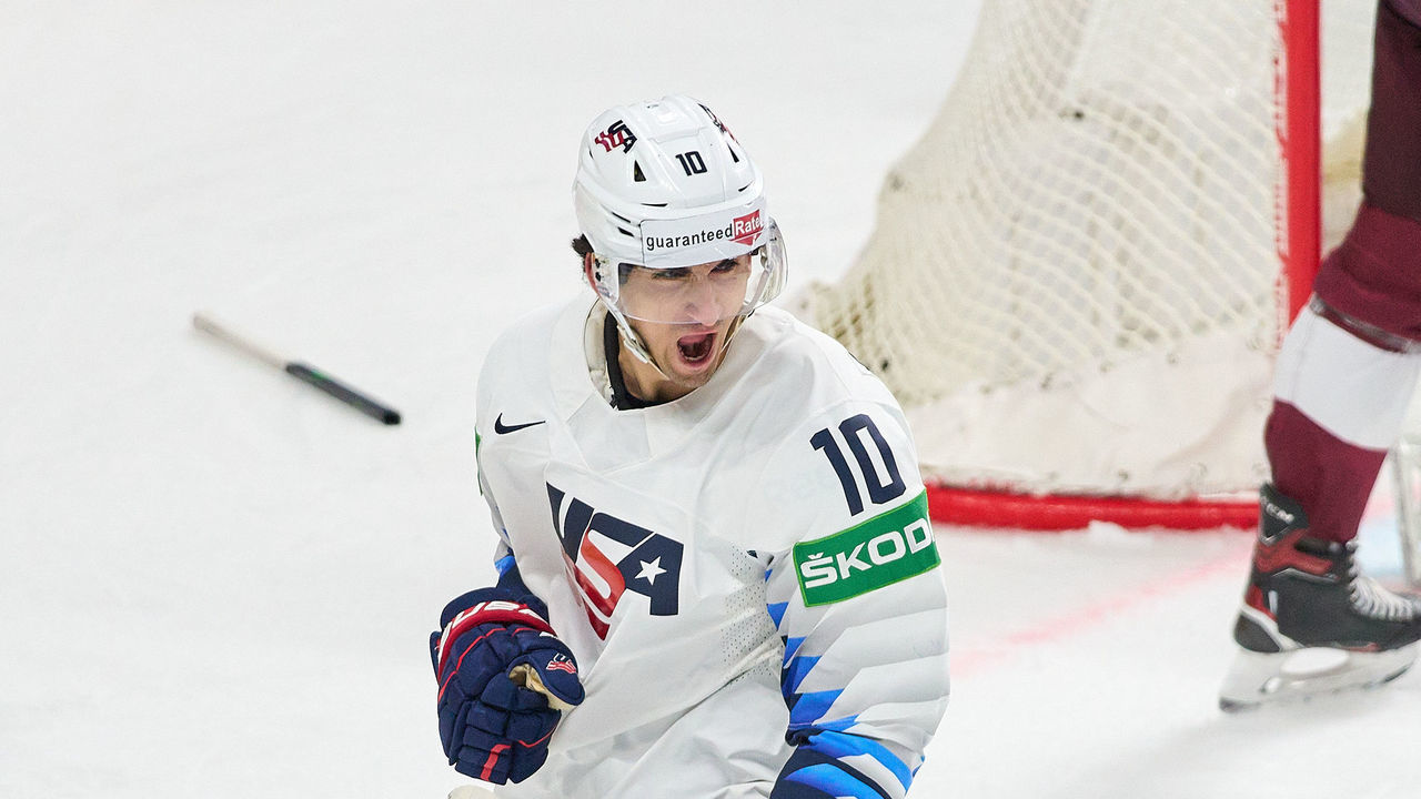 RIGA, LATVIA - MAY 27: Matty Beniers #10 of the United States scores for 4-2 and celebrate his goal during the 2021 IIHF Ice Hockey World Championship group stage game between United States and Latvia at Arena Riga on May 27, 2021 in Riga, Latvia.