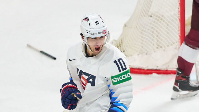 RIGA, LATVIA - MAY 27: Matty Beniers #10 of the United States scores for 4-2 and celebrate his goal during the 2021 IIHF Ice Hockey World Championship group stage game between United States and Latvia at Arena Riga on May 27, 2021 in Riga, Latvia.