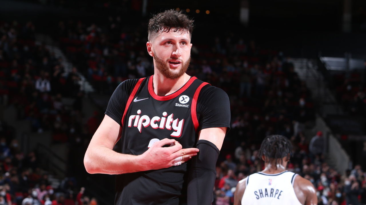 PORTLAND, OR - JANUARY 10: Jusuf Nurkic #27 of the Portland Trail Blazers celebrates after a play during the game against the Brooklyn Nets on January 10, 2022 at the Moda Center Arena in Portland, Oregon. Mandatory Copyright Notice: Copyright 2022 NBAE