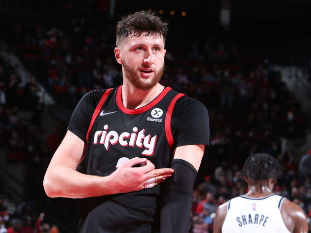 PORTLAND, OR - JANUARY 10: Jusuf Nurkic #27 of the Portland Trail Blazers celebrates after a play during the game against the Brooklyn Nets on January 10, 2022 at the Moda Center Arena in Portland, Oregon. Mandatory Copyright Notice: Copyright 2022 NBAE