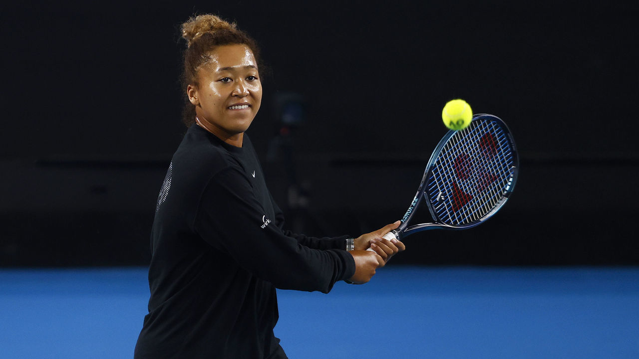MELBOURNE, AUSTRALIA - JANUARY 14: Naomi Osaka of Japan plays a backhand during a practice session ahead of the 2022 Australian Open at Melbourne Park on January 14, 2022 in Melbourne, Australia.