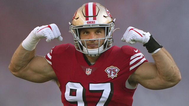 SANTA CLARA, CALIFORNIA - SEPTEMBER 26: Nick Bosa #97 of the San Francisco 49ers takes the field prior to a game against the Green Bay Packers at Levi's Stadium on September 26, 2021 in Santa Clara, California. (Photo by Thearon W. Henderson/Getty Images