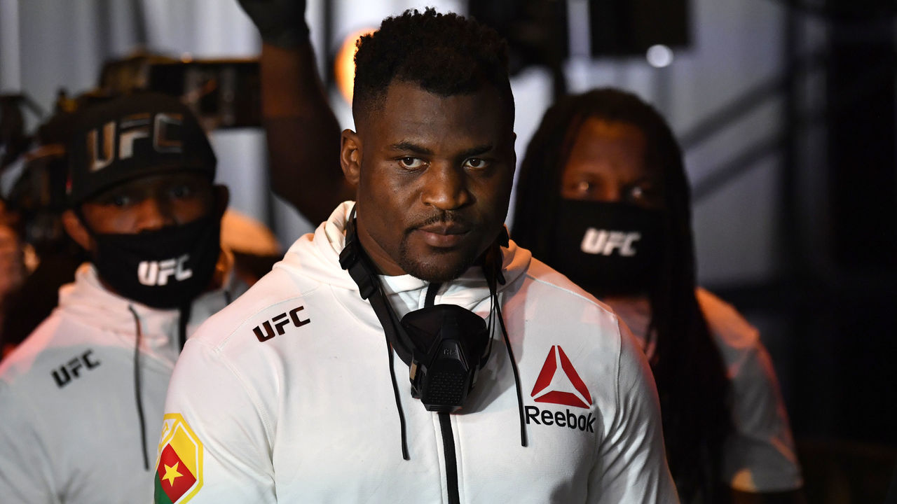 LAS VEGAS, NEVADA - MARCH 27: Francis Ngannou of Cameroon prepares to fight Stipe Miocic in their UFC heavyweight championship fight during the UFC 260 event at UFC APEX on March 27, 2021 in Las Vegas, Nevada.