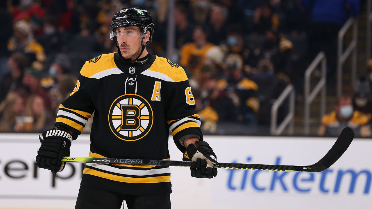 BOSTON, MA - JANUARY 06: Boston Bruins left wing Brad Marchand (63) during the NHL game between Minnesota Wild and Boston Bruins on January 6, 2022, at TD Garden in Boston, MA.