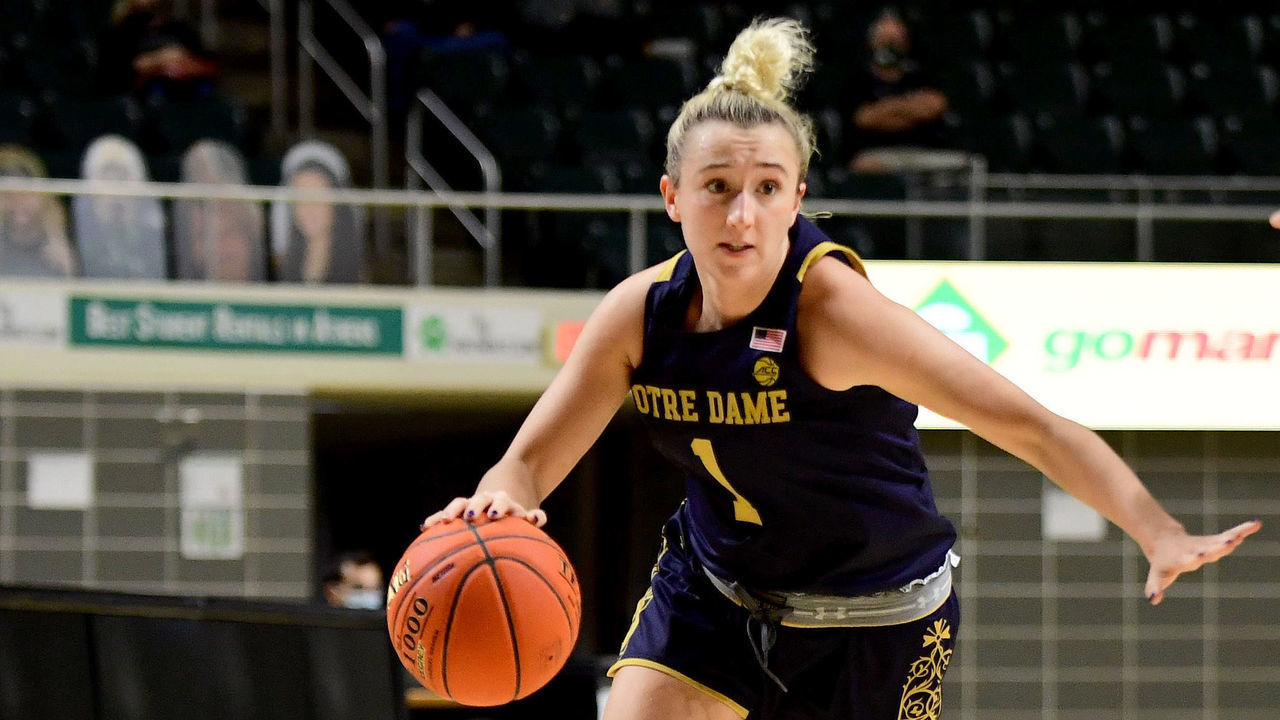 ATHENS, OHIO - NOVEMBER 27: Dara Mabrey #1 of the Notre Dame Fighting Irish drives the ball past Peyton Guice #11 of the Ohio Bobcats during their game at the Ohio University Convocation Center on November 27, 2020 in Athens, Ohio. Ohio won 86-85.